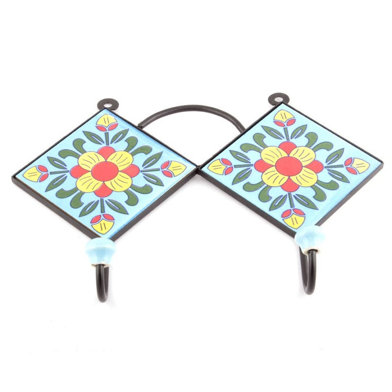 Indian-Shelf IndianShelf Handmade Ceramic Floral Wall Hooks Hangers Holders 2133 cm Turquoise 1 Piece  - Image 2