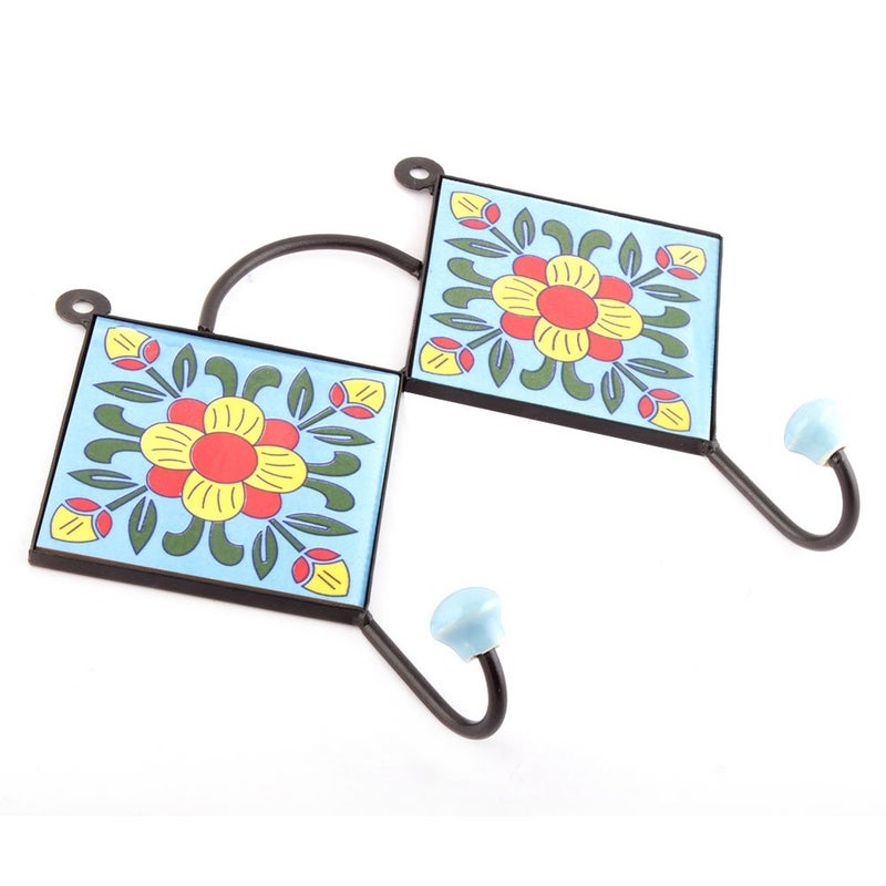 Indian-Shelf IndianShelf Handmade Ceramic Floral Wall Hooks Hangers Holders 2133 cm Turquoise 1 Piece  - Image 1