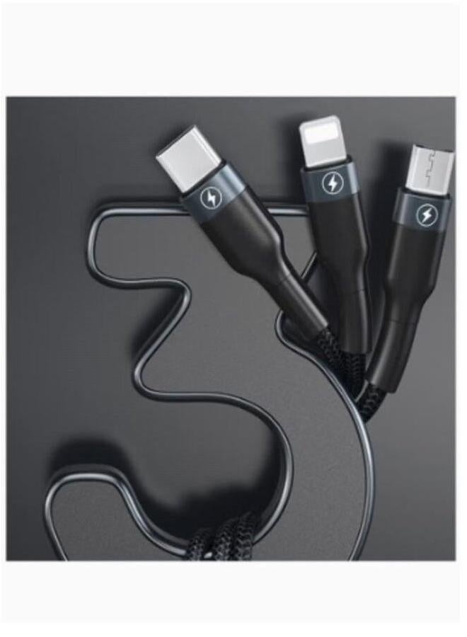 بروماس كابل شحن ونقل بيانات أصلي مغطى بالنايلون 3 في 1 متوافق مع جميع الأجهزة iPhone Huawei Samsung Xiaomi اللون الأسود - Image 2