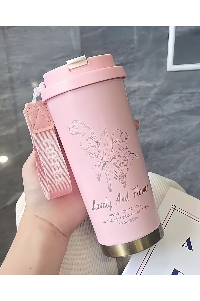 لافلي كوب قهوة معزول بالفراغ بسعة 500 مل مع ماصة، ترمس من الفولاذ المقاوم للصدأ 316، كوب قهوة نسائي على شكل زهرة - Image 1