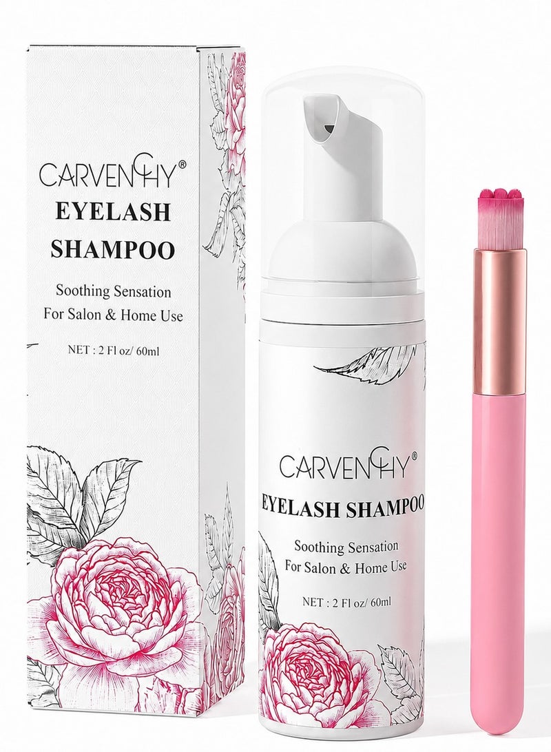 CARVENCHY Eyelash Shampoo 60ml with Cleansing Brush, Gentle Foam Cleanser for Lash Extensions & Natural Lashes, Soothing Non-Irritating Eye Makeup Remover Wash for Salon & Home Use. - Image 1