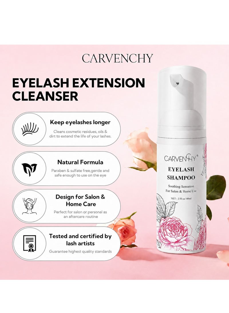 CARVENCHY Eyelash Shampoo 60ml with Cleansing Brush, Gentle Foam Cleanser for Lash Extensions & Natural Lashes, Soothing Non-Irritating Eye Makeup Remover Wash for Salon & Home Use. - Image 2
