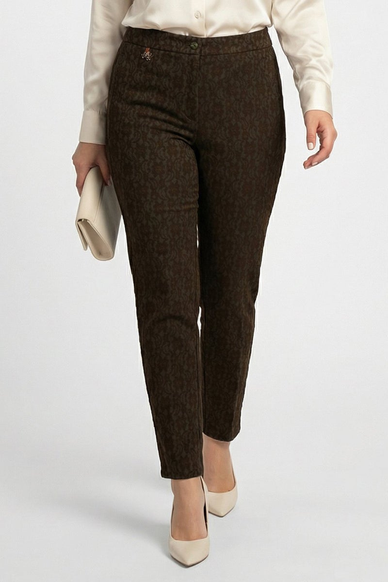 Harmont & Blaine Women Regular Fit Embroidered Straight Leg Pants, Dark Brown - Image 1