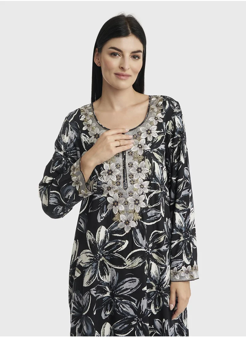 KASHKHA Rayon Floral Monochrome and Green Print Jalabiya