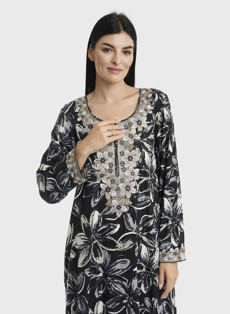 KASHKHA Rayon Floral Monochrome and Green Print Jalabiya - Image 1