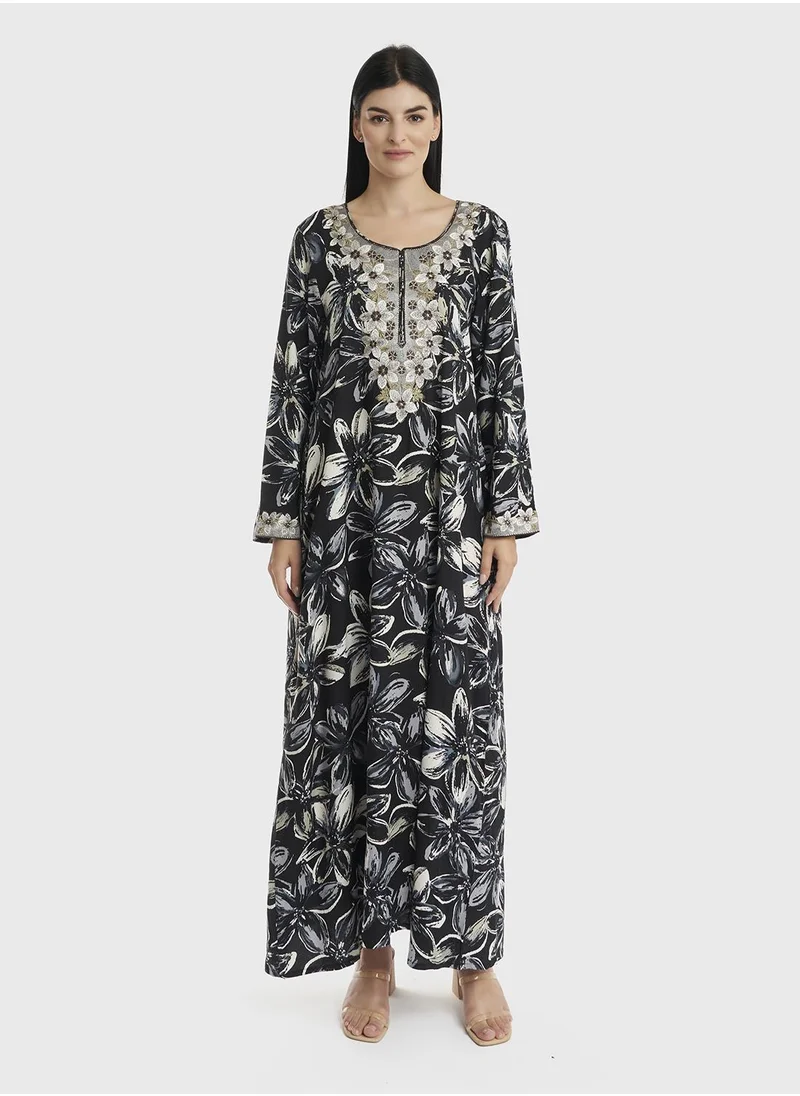 KASHKHA Rayon Floral Monochrome and Green Print Jalabiya