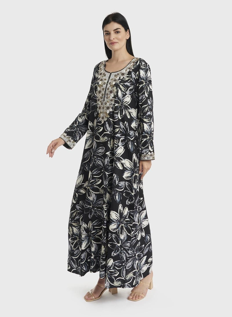 KASHKHA Rayon Floral Monochrome and Green Print Jalabiya - Image 3