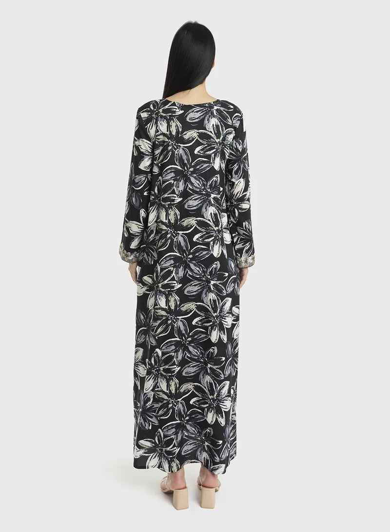 KASHKHA Rayon Floral Monochrome and Green Print Jalabiya