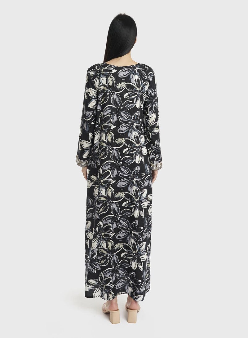 KASHKHA Rayon Floral Monochrome and Green Print Jalabiya - Image 4
