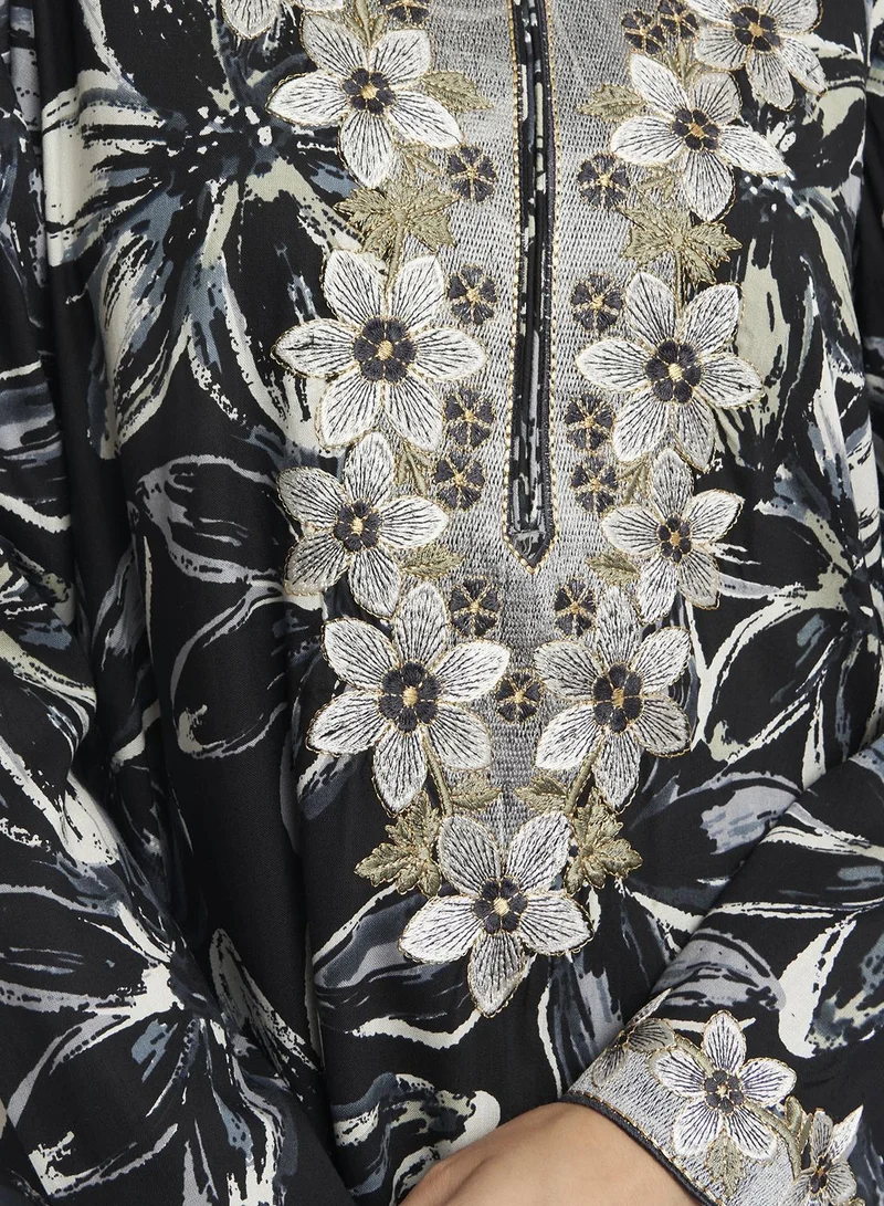 KASHKHA Rayon Floral Monochrome and Green Print Jalabiya