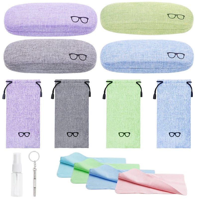 LZYMSZ 4 Sets Glasses Case, Portable Linen Hard Shell Eyeglasses Cases, Protective Glasses Box for Storage Sunglasses, Eye Glass Carry Case with Glasses Accessories (Drawstring Pouch, Cleaning Cloth) - Image 1