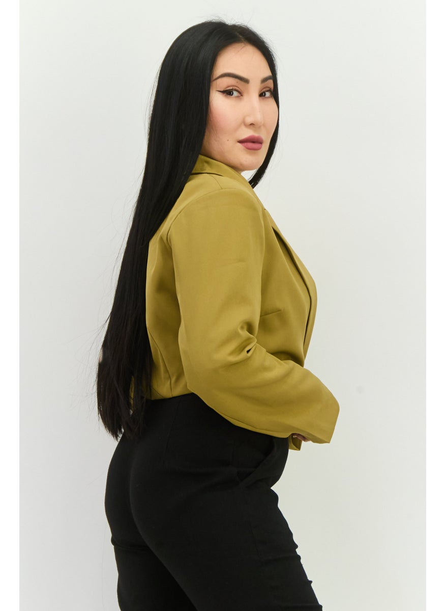 PUBLIC DESIRE Women Regular Fit Solid Semi-Formal Crop Blazer, Olive  - Image 2