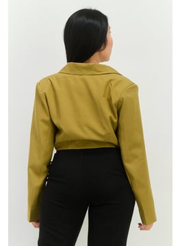 PUBLIC DESIRE Women Regular Fit Solid Semi-Formal Crop Blazer, Olive  - Image 3