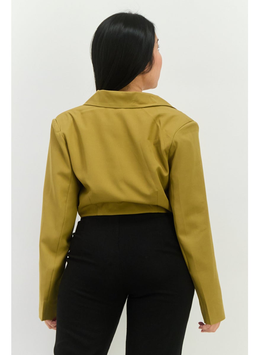 PUBLIC DESIRE Women Regular Fit Solid Semi-Formal Crop Blazer, Olive  - Image 3