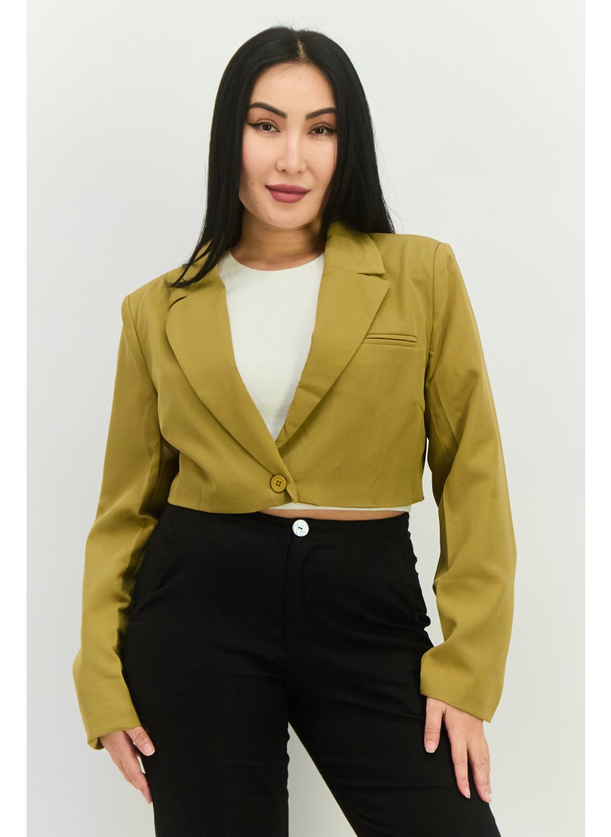 PUBLIC DESIRE Women Regular Fit Solid Semi-Formal Crop Blazer, Olive  - Image 1