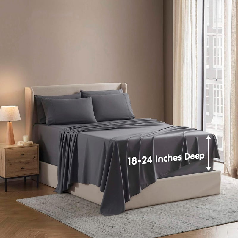 Nestl Extra Deep King Sheet Set - 6 Piece Breathable & Cooling Sheets - Dark Gray - Image 1