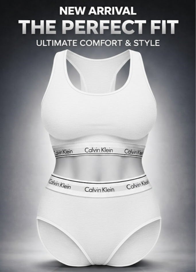 Women’s Sports Bra & Panty Set - 2 Pieces - Soft Cotton - White color - Size M