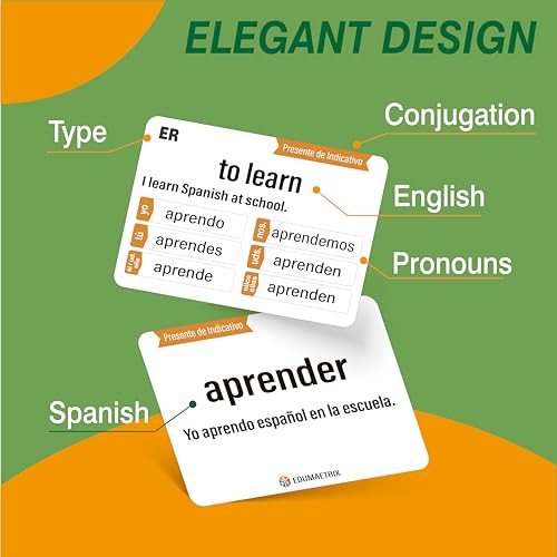EDUMAETRIX 250 Spanish English Bilingual Verbs Verbos Conjugation with Sentence Examples Presente Indicativo Skill Drill Educational Flash Cards Learning Resource 4 X 28 DoubleSided 250 Cards - Image 5