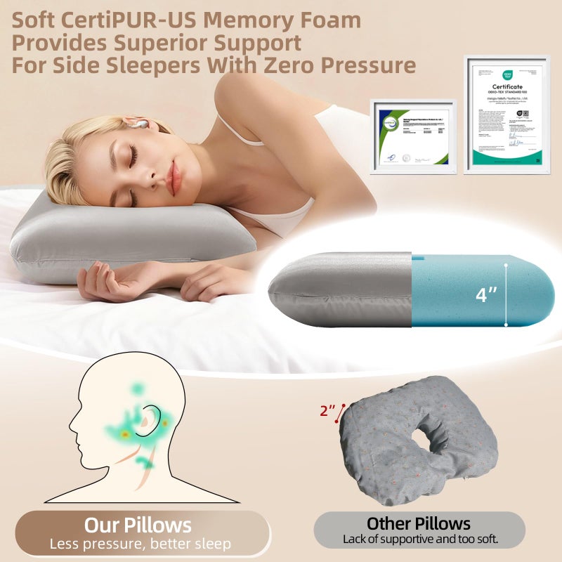 USlixury Ear Piercing Pillow with Foam Plug, Ear Plilow with Off Center and 4.7"X3.2" Ear Hole, Soft CertiPUR-US Memory Foam, Piercing Plilow for Side Sleepers, Satin, Grey, 16"X11"X4'' - Image 4
