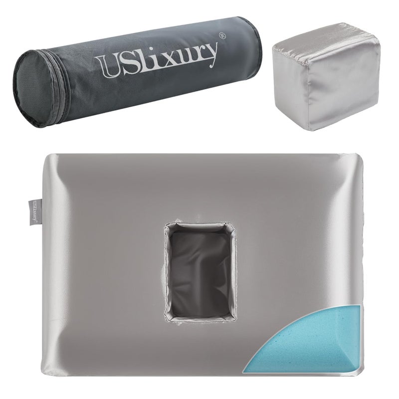 USlixury Ear Piercing Pillow with Foam Plug, Ear Plilow with Off Center and 4.7"X3.2" Ear Hole, Soft CertiPUR-US Memory Foam, Piercing Plilow for Side Sleepers, Satin, Grey, 16"X11"X4'' - Image 1
