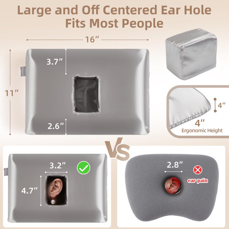 USlixury Ear Piercing Pillow with Foam Plug, Ear Plilow with Off Center and 4.7"X3.2" Ear Hole, Soft CertiPUR-US Memory Foam, Piercing Plilow for Side Sleepers, Satin, Grey, 16"X11"X4'' - Image 3