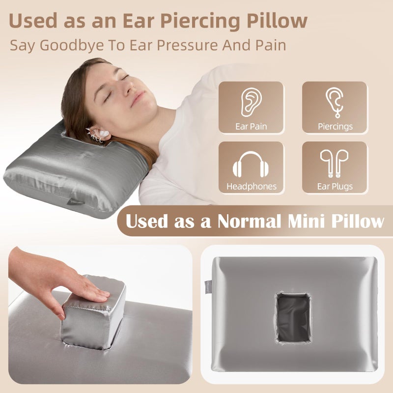 USlixury Ear Piercing Pillow with Foam Plug, Ear Plilow with Off Center and 4.7"X3.2" Ear Hole, Soft CertiPUR-US Memory Foam, Piercing Plilow for Side Sleepers, Satin, Grey, 16"X11"X4'' - Image 2