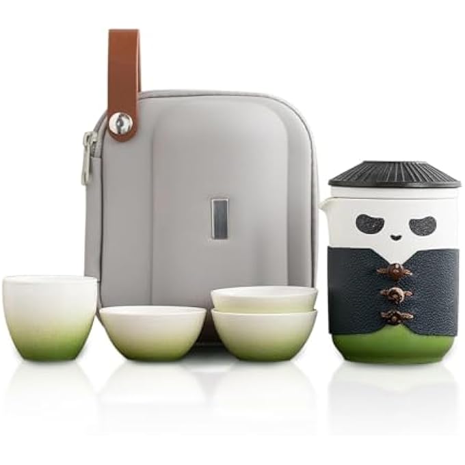 rayihni Travel Tea Set For Kung Fu Panda Tea 13Oz Ceramic Chinese Teapot Chinese Tea Set With 4 Ceramic Teacups Tea Cup With Lid Tea Strainer And Portable Bag  Ideal For Home Office Tea Lovers Green - Image 1