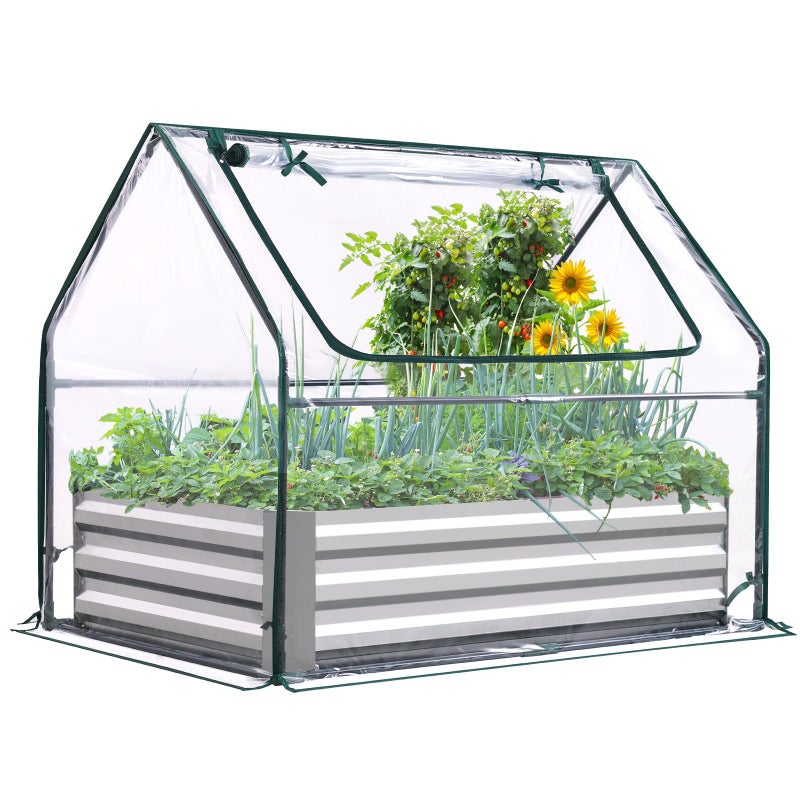 Quictent Raised Garden Bed with Cover Outdoor Galvanized Steel Planter Box Kit with Greenhouse Large Zipper Window Dual Use, 20pcs T-Type Tags & 1 Pair of Gloves Included 4x2.5x1 FT, Clear - Image 1