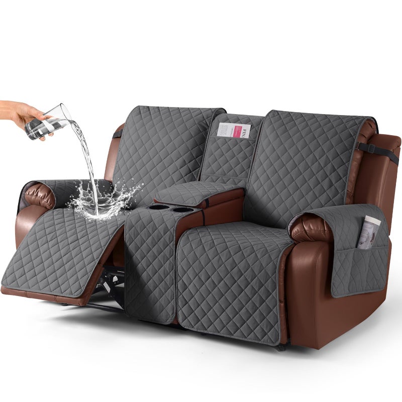 KinCam 100 Waterproof Recliner Loveseat Cover with Console NonSlip Reclining Couch Covers for 2 Seat Recliner Sofa Cover Furniture Protector with Elastic Straps for Kids Pets Charcoal Gray
