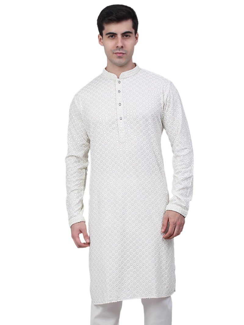 Jompers Men's Chikankari Embroidered and Sequence Kurtas (White, L) - Image 1
