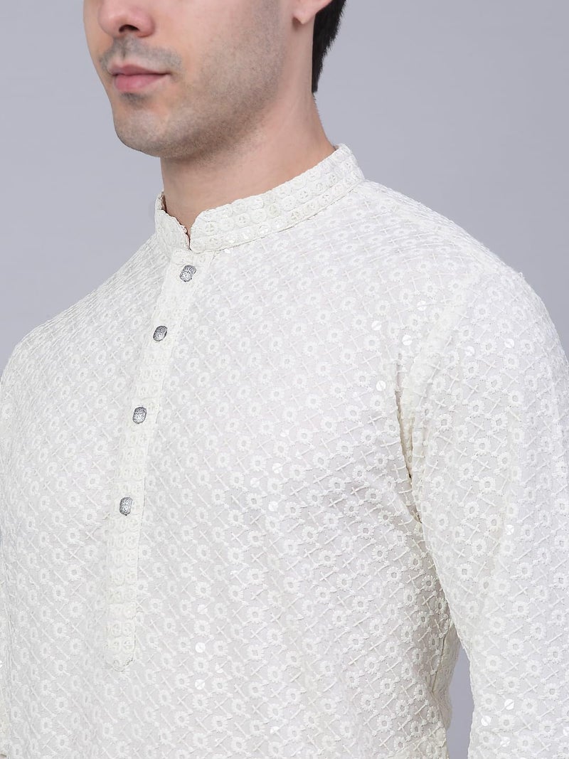 Jompers Men's Chikankari Embroidered and Sequence Kurtas (White, L) - Image 5