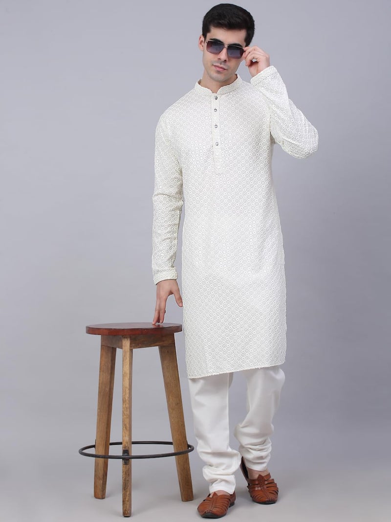 Jompers Men's Chikankari Embroidered and Sequence Kurtas (White, L) - Image 4