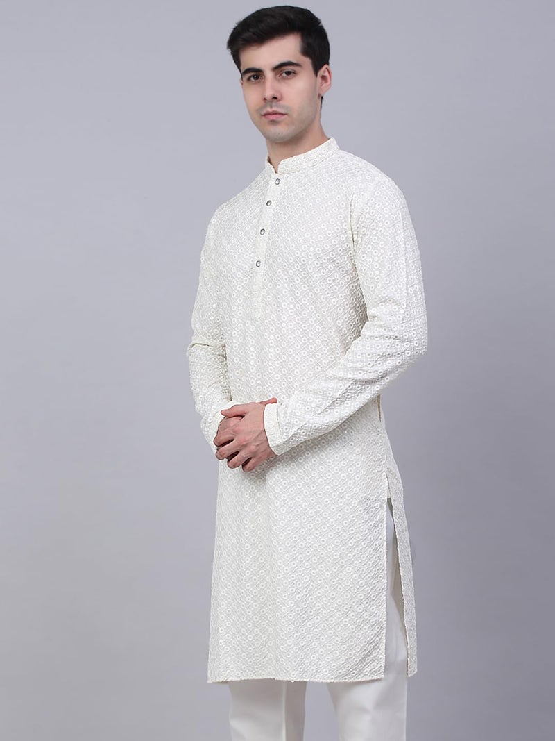 Jompers Men's Chikankari Embroidered and Sequence Kurtas (White, L) - Image 3