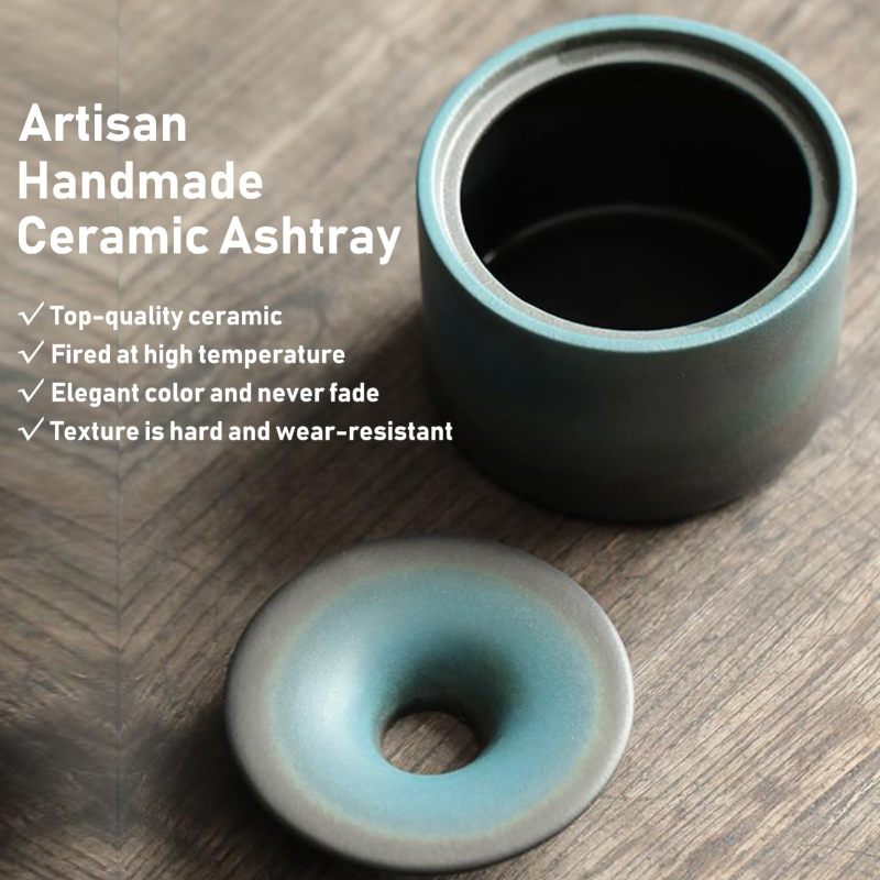 Ceramic Ashtray With Lid 4.5 X 4.5 X 3.1 Inches Handmade Craftsmanship - Windproof Design Heat Resistant Large Capacity Ashtray for Patio Home Decor - Image 3