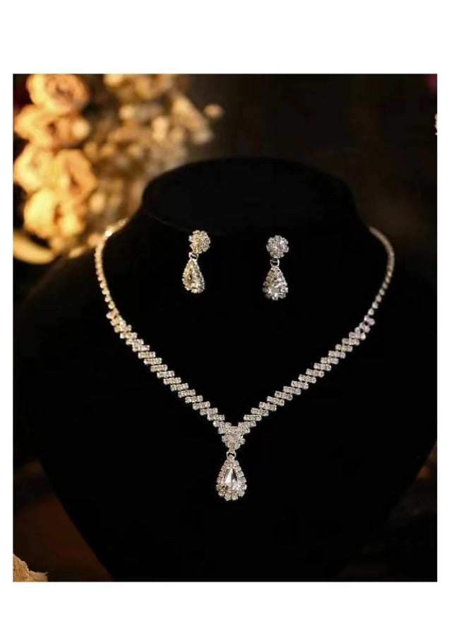 3 قطع قلادة حجر الراين أقراط مجموعة مجوهرات ، أقراط قطرة الماء ، مجوهرات الزفاف ، إكسسوارات فستان السهرة للسيدات ، اكسسوارات العشاء ، سلسلة الترقوة النسائية ، إكسسوارات الزفاف - Image 3