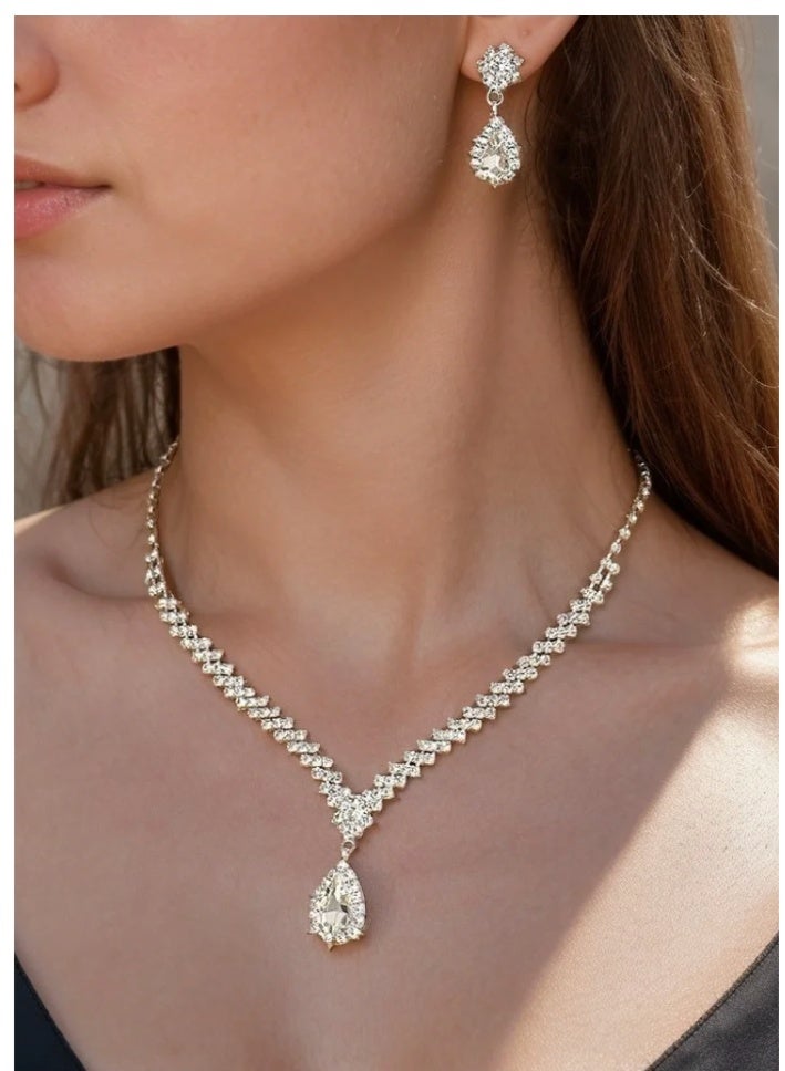 3 قطع قلادة حجر الراين أقراط مجموعة مجوهرات ، أقراط قطرة الماء ، مجوهرات الزفاف ، إكسسوارات فستان السهرة للسيدات ، اكسسوارات العشاء ، سلسلة الترقوة النسائية ، إكسسوارات الزفاف - Image 2