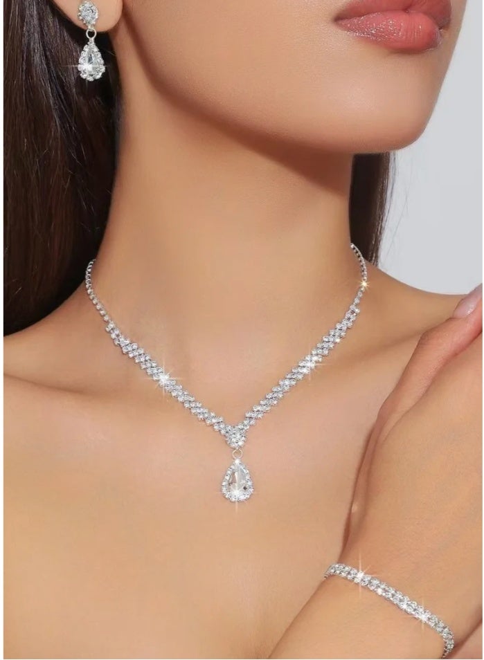 3 قطع قلادة حجر الراين أقراط مجموعة مجوهرات ، أقراط قطرة الماء ، مجوهرات الزفاف ، إكسسوارات فستان السهرة للسيدات ، اكسسوارات العشاء ، سلسلة الترقوة النسائية ، إكسسوارات الزفاف - Image 1