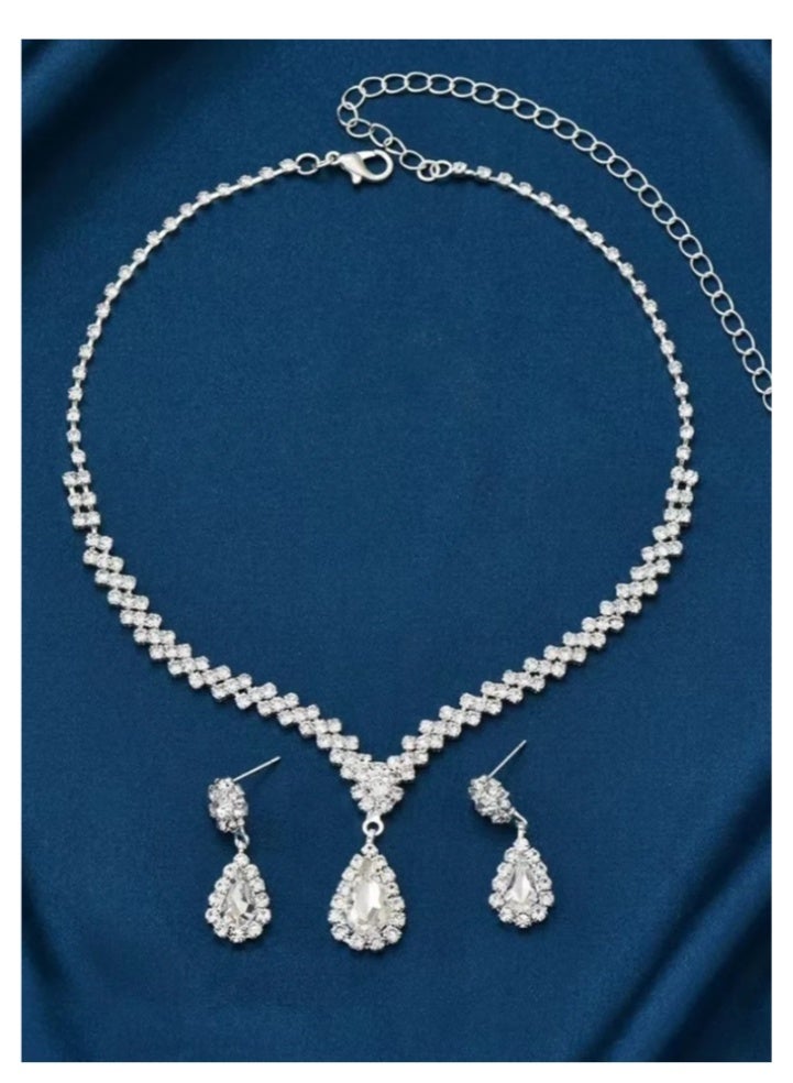 3 قطع قلادة حجر الراين أقراط مجموعة مجوهرات ، أقراط قطرة الماء ، مجوهرات الزفاف ، إكسسوارات فستان السهرة للسيدات ، اكسسوارات العشاء ، سلسلة الترقوة النسائية ، إكسسوارات الزفاف - Image 4