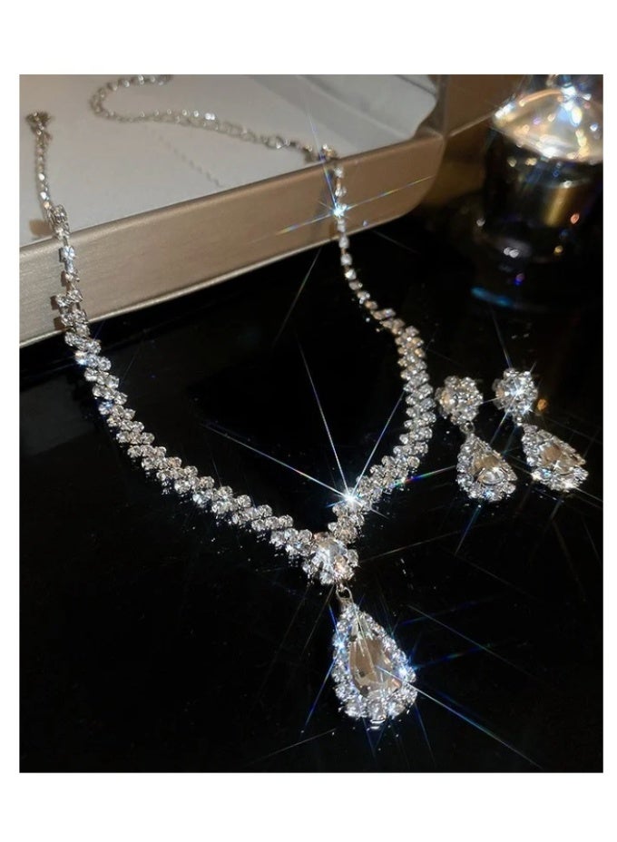 3 قطع قلادة حجر الراين أقراط مجموعة مجوهرات ، أقراط قطرة الماء ، مجوهرات الزفاف ، إكسسوارات فستان السهرة للسيدات ، اكسسوارات العشاء ، سلسلة الترقوة النسائية ، إكسسوارات الزفاف - Image 5