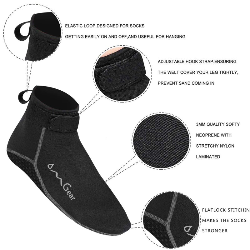 OMGear Water Socks Neoprene Socks Beach Booties Shoes 3mm Glued Blind Stitched Anti-Slip Wetsuit Boots Fin Swim Socks (3mm Low Cut/Grey, L(men9-10,women10-11)) - Image 2