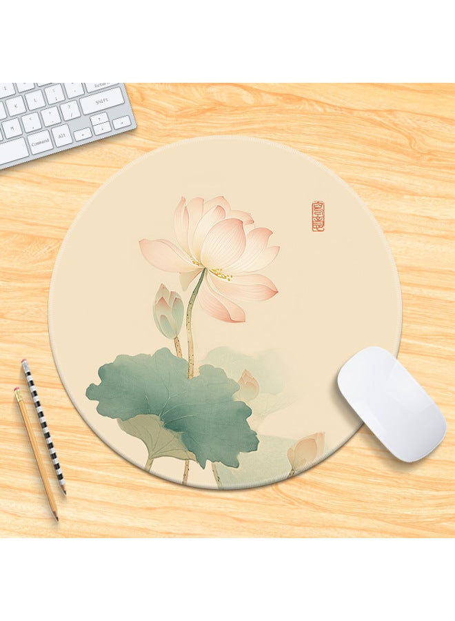 National Tide Lotus Small Size Mouse Pad Chinese Style Brush Painting Office Desk Mat Lock Edge Thickened Round Simple Flower And Bird For Men 