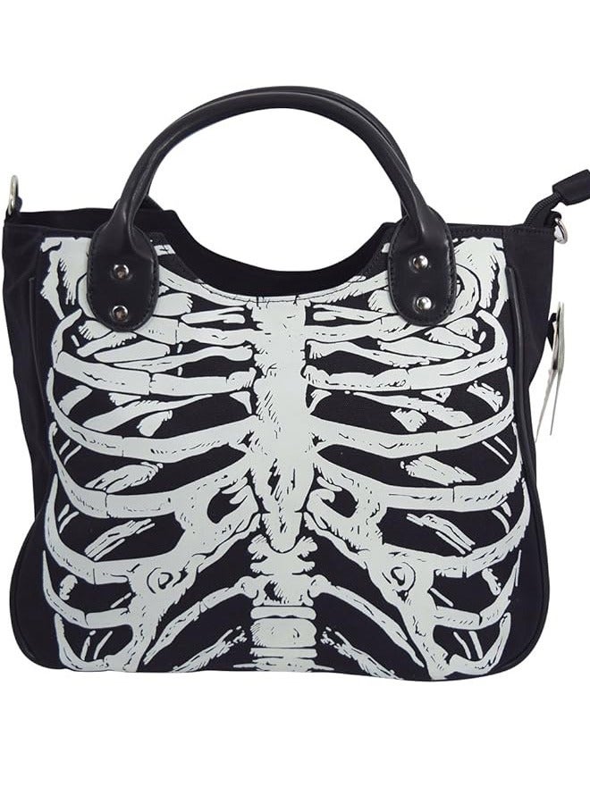 Goth Ribcage Skeleton Glow in the Dark Shoulder Bag, White and Black - Image 1