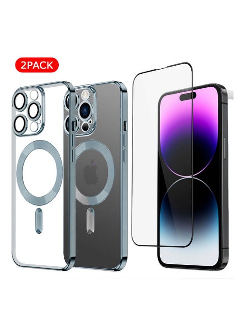 2Pack for iPhone 14 Pro Max Magsafe Case and Screen Protector Clear Electroplating Frame Wireless Charging Cover with Tempered Glass Violet/Clear