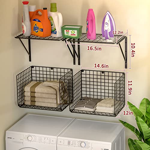 3IngSeagulls 2 Pack Laundry Room Shelves, Wire Baskets with 8 Hooks, Over Washer and Dryer Shelf, Wall Mounted Storage and Clothes Drying Rack, Black - Image 5
