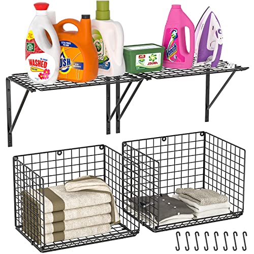3IngSeagulls 2 Pack Laundry Room Shelves, Wire Baskets with 8 Hooks, Over Washer and Dryer Shelf, Wall Mounted Storage and Clothes Drying Rack, Black - Image 1
