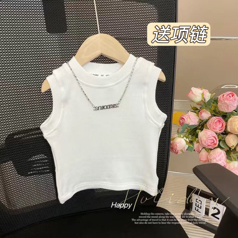 Summer Boys' And Girls' Vest T-Shirt Baby'S Western Style Children'S Fashionable Korean Style Necklace Solid Color Sleeveless Outer Wear Top - Image 1