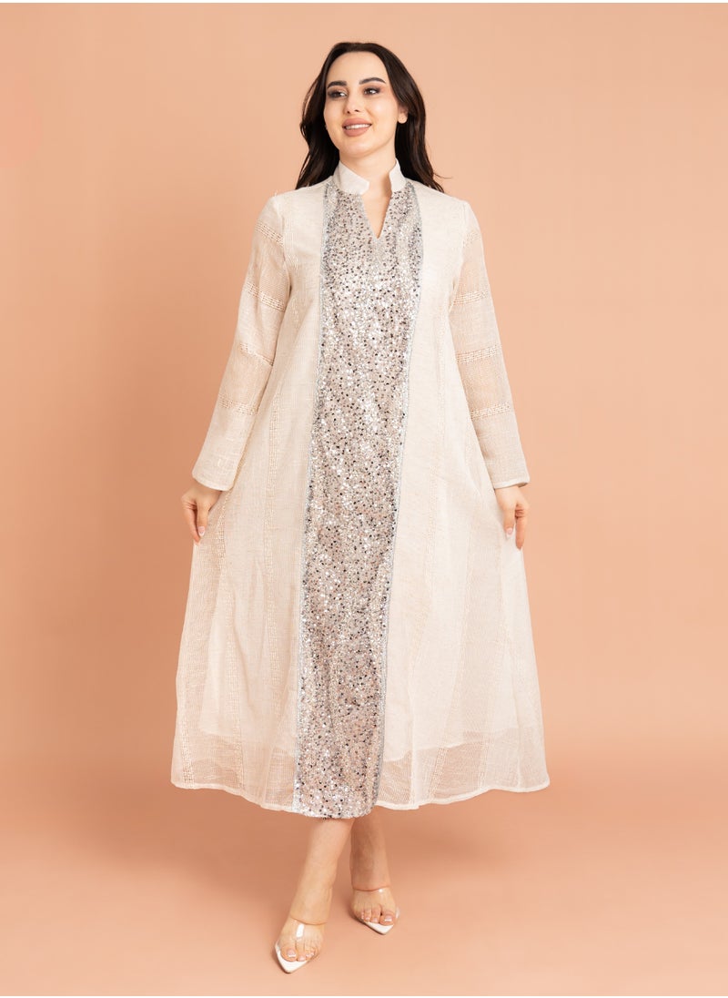 IKKXA Mandarin Collar Crystal Embroidery Jalabiya Beige  - Image 1