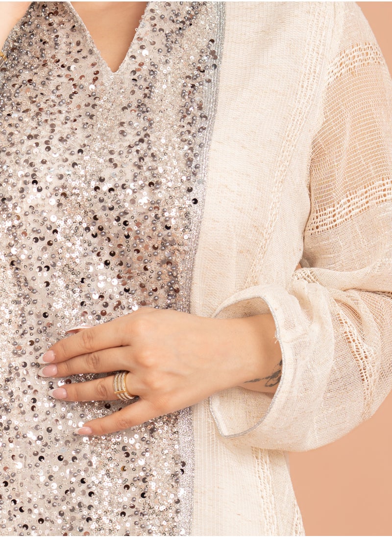 IKKXA Mandarin Collar Crystal Embroidery Jalabiya Beige  - Image 2