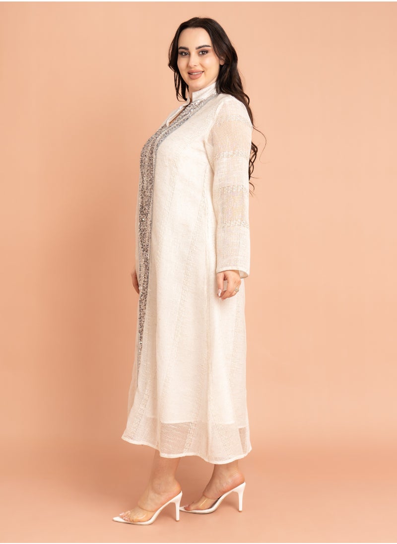 IKKXA Mandarin Collar Crystal Embroidery Jalabiya Beige  - Image 3