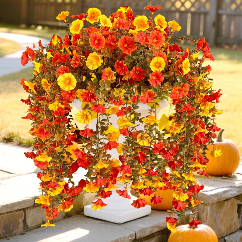 TSTWETO Fake Mums Artificial Fall Flowers for Outdoors 2 PCS Fake Hanging Silk Flowers Outdoor Fake Plants UV Resistant Realistic Faux Mums for Outdoor Planters Porch Yard Home Decor